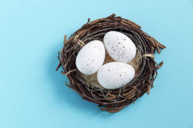 mavi bir arka plan üzerinde bir yuva üç yumurta