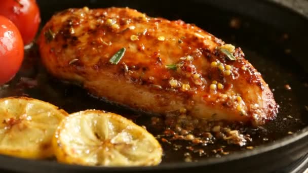 Cooking Fried Roasted Chicken Breasts Lemon Tomato Rosemary Mustard Seeds — Stock Video