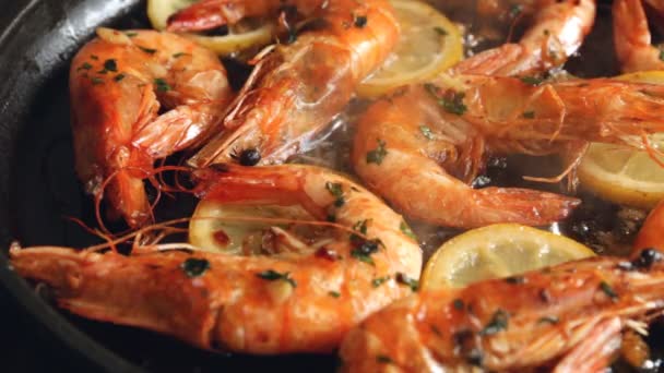 Cooking Fried Roasted Shrimps Frying Pan Lemon Greens Parsley Garlic — Stock Video