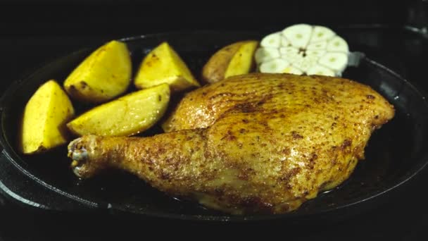 Time Lapse Baked Chicken Leg Potatoes Oven Cooking Process Closeup — Stok video