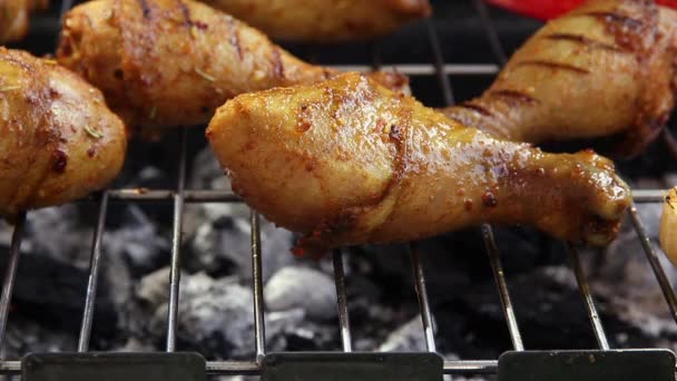 Grilled Chicken Legs Barbecue Griller Cooking Process Iron Tongs Turn — Stock Video