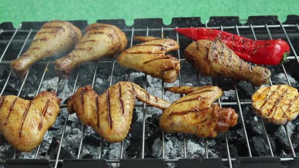 Grilled Chicken Legs Wings Barbecue Griller Cooking Process — Stock Video