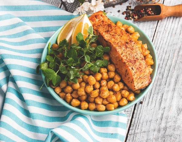 Roasted Baked Salmon Fillet Chickpeas Lemon Pea Sprouts Healthy Food — Stock Photo, Image