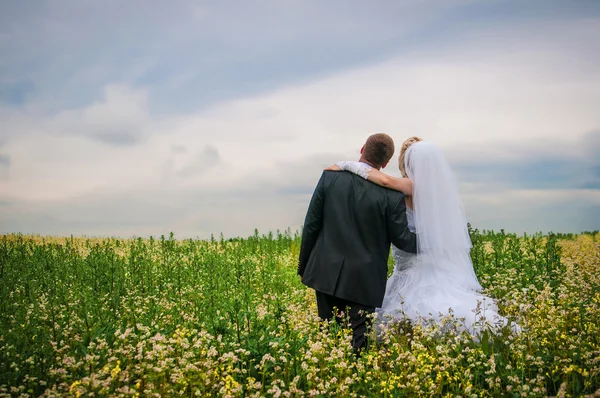 Šťastná nevěsta a ženich na krásné pole mezi květy — Stock fotografie