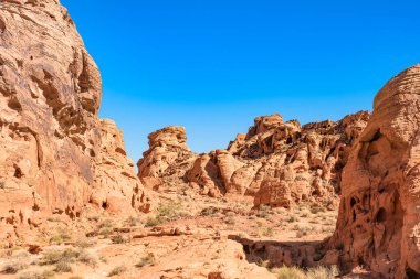 Nevada, ABD 'deki Fire State Park Vadisi' nde eşsiz kırmızı kumtaşı oluşumları.