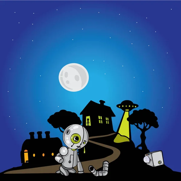 Alien with silhouette of village — Stock Vector