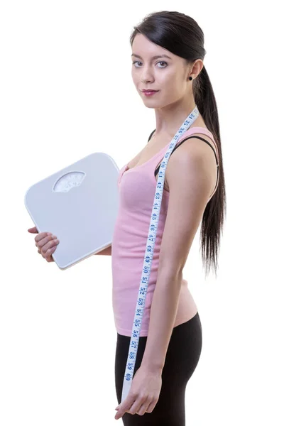 Happy fintness woman with scales — Stock Photo, Image