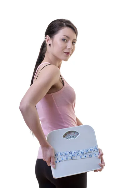 Happy fintness woman with scales — Stock Photo, Image