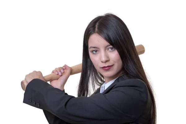 Mulher de negócios segurando um taco de beisebol — Fotografia de Stock