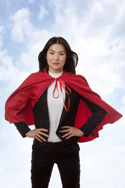 Business Woman Wearing Super Hero Cape Shot Studio — Stock Photo, Image