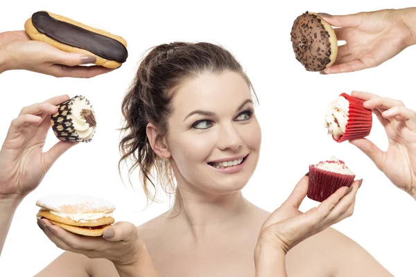 Woman Surrounded Hands Holding Cakes — Stock Photo, Image