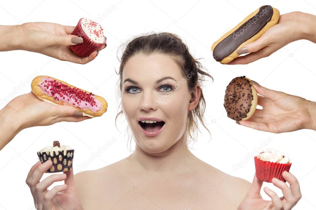 woman surrounded by hands holding cakes