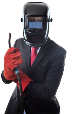 kaynak bir maske takarak iş adamı