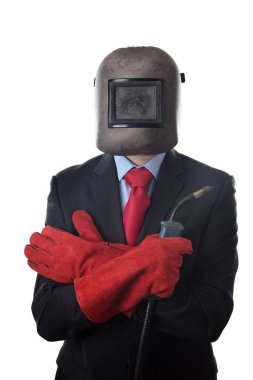 kaynak bir maske takarak iş adamı