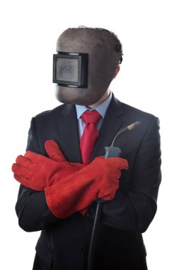 kaynak bir maske takarak iş adamı