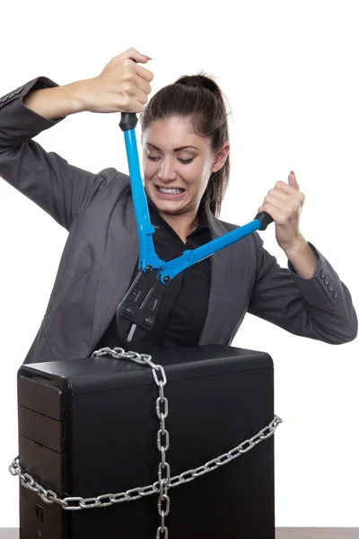 Computer Eingesperrt Und Geschäftsfrau Mit Bolzenschneider Versucht Ihn Befreien — Stockfoto