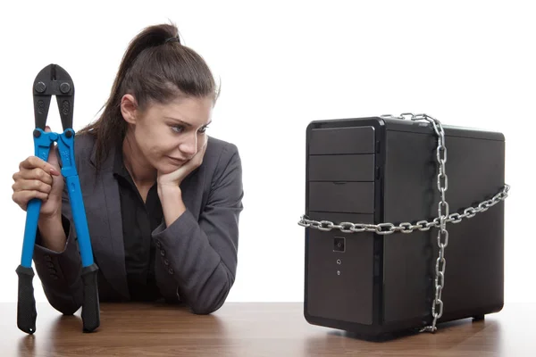 Computer Opgesloten Zakenvrouw Met Een Bedrijf Bout Kotters Proberen Uit — Stockfoto