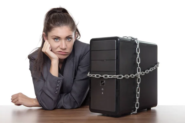 Computer Locked Business Woman Looking Very Happy Unsure What — Stock Photo, Image