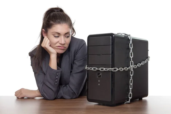 Computer Opgesloten Zakenvrouw Niet Zoek Zeer Gelukkig Niet Zeker Wat — Stockfoto