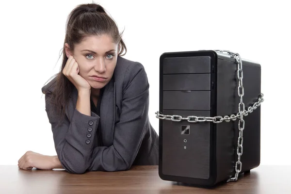 Computer Locked Business Woman Looking Very Happy Unsure What — Stock Photo, Image