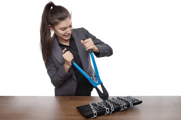 Clavier Ordinateur Verrouillé Femme Affaires Avec Coupe Boulons Essayant Libérer — Photo