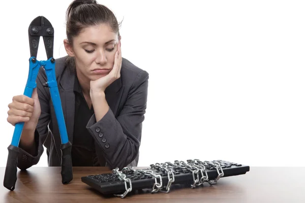 Toetsenbord Van Computer Opgesloten Zakenvrouw Bout Kotters Niet Zoek Zeer — Stockfoto