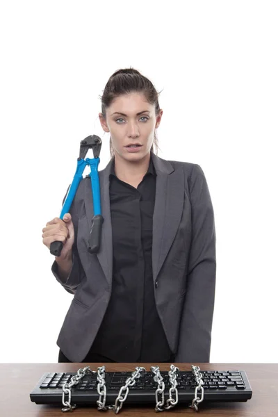 Computer Keyboard Locked Business Woman Holding Bolt Cutters — Stock Photo, Image