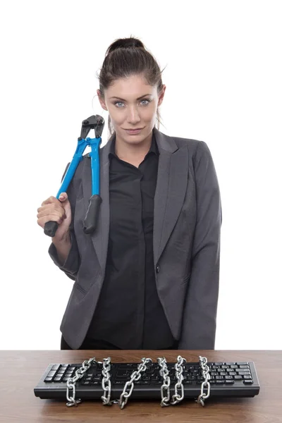 Computer Keyboard Locked Business Woman Holding Bolt Cutters — Stock Photo, Image