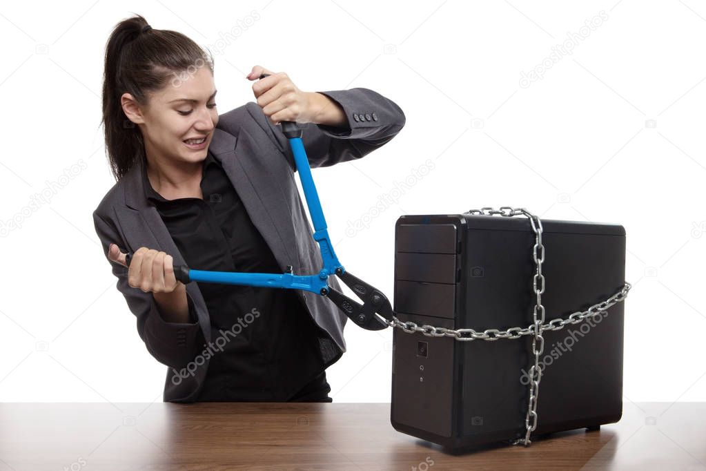 Computer locked up and business woman with holding bolt cutters trying to work out how to set it free