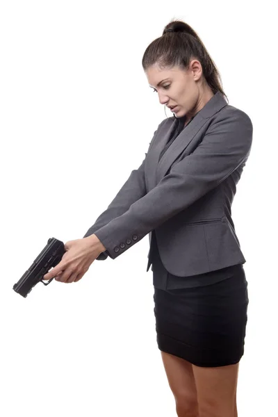 Kadın işaret eden el silah — Stok fotoğraf
