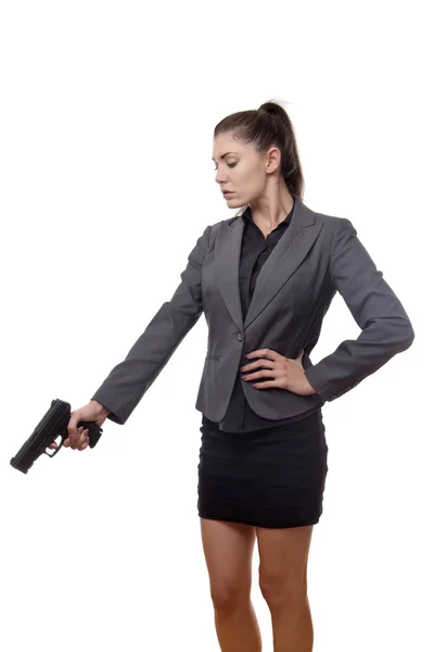 Woman pointing hand gun — Stock Photo, Image