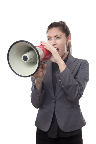 Woman shouting down a bullhorn — Stock Photo, Image