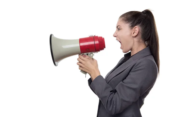 Žena křičí dolů megafonem — Stock fotografie