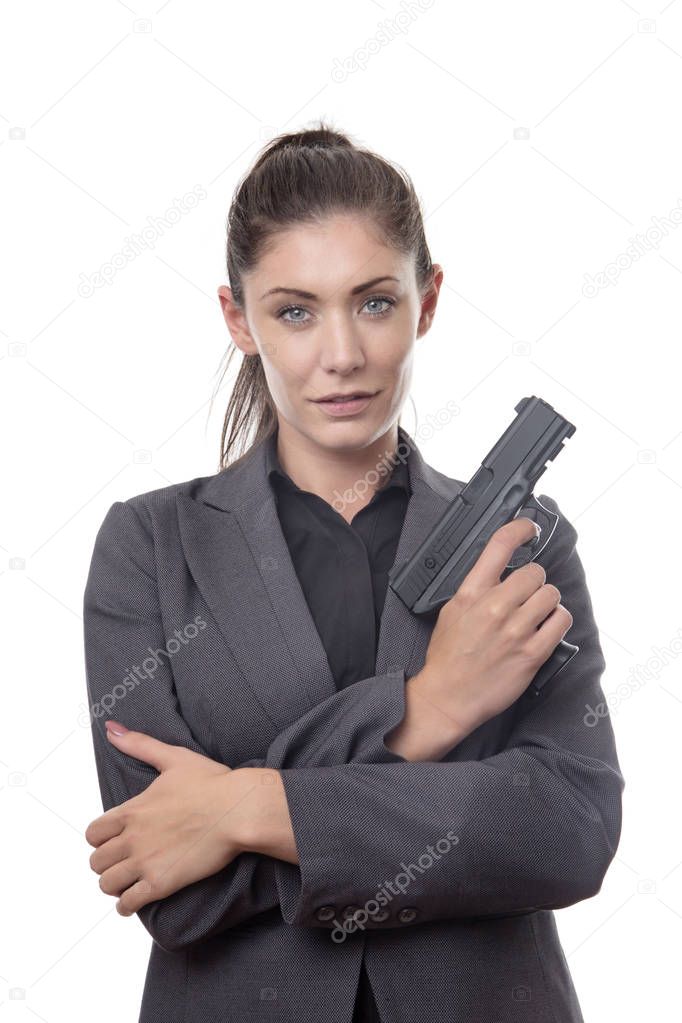 business woman with hand gun