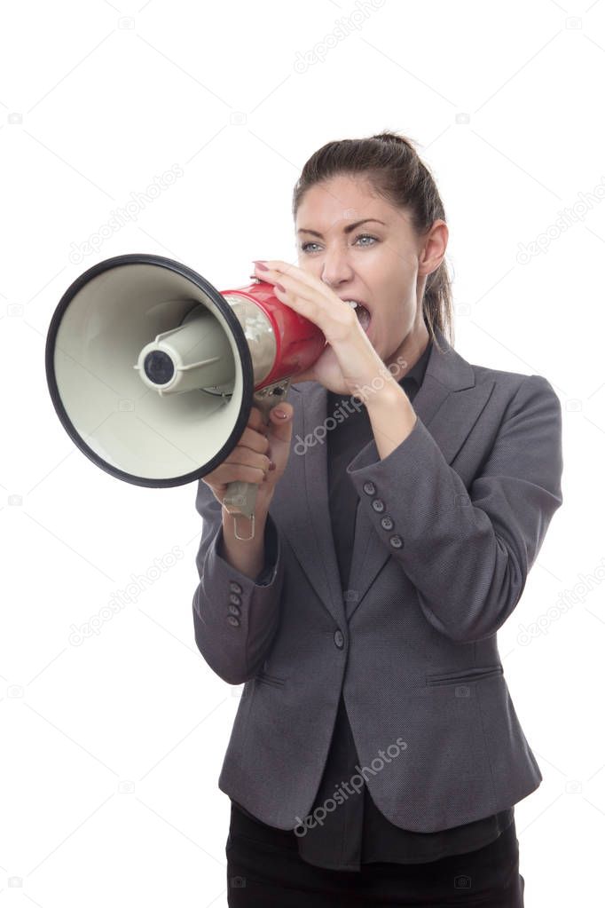 woman shouting down a bullhorn