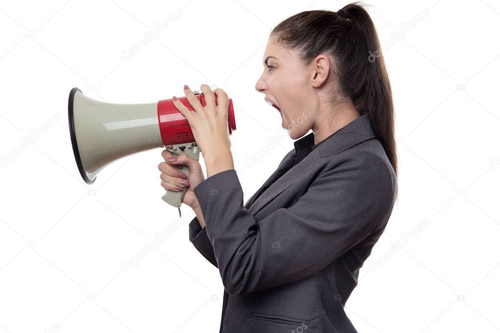 woman shouting down a bullhorn