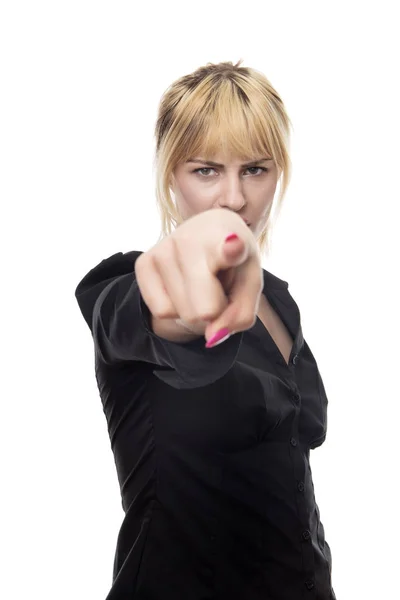 Woman pointing finger — Stock Photo, Image