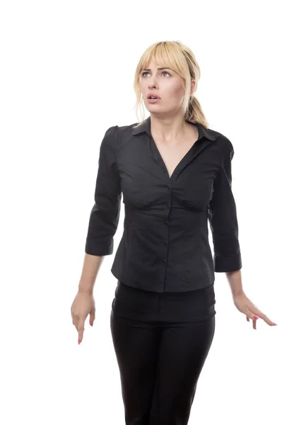 Woman looking around scared — Stock Photo, Image