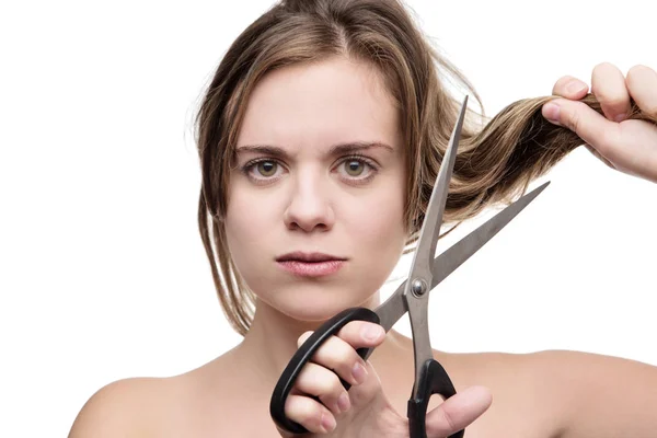 Young Woman Long Hair Cutting Pair Scissors Having Bad Hair — Stock Photo, Image