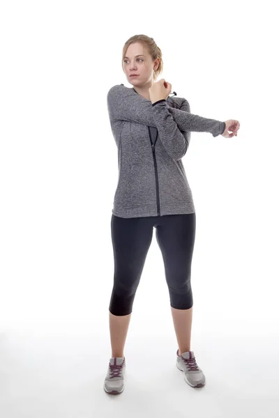 Stretching Weibliches Modell Auf Weißem Hintergrund — Stockfoto