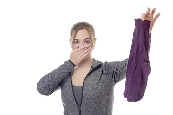 Fitness Model Hold Smelly Socks — Stock Photo, Image