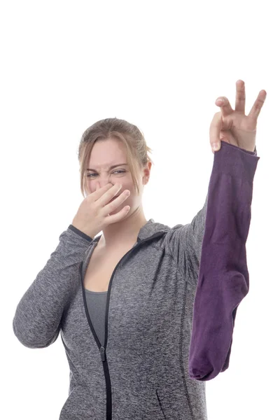 Fitness Model Hold Smelly Socks — Stock Photo, Image