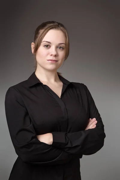 Young Standing Business Woman Shot Studio Grey Background — Stock Photo, Image