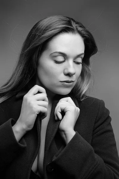 Sexy Woman Wearing Coat Just Her Underwear Shot Studio — Stock Photo, Image