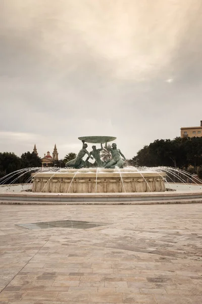 Fountain Valletta Three Bronze Tritons Holding Large Basin — Stock Photo, Image