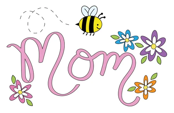 Μαμά γράμματα με λουλούδια και μέλισσα — Διανυσματικό Αρχείο