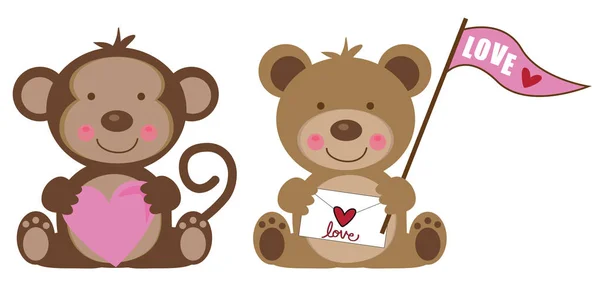 Valentines Singe et ours en peluche — Image vectorielle