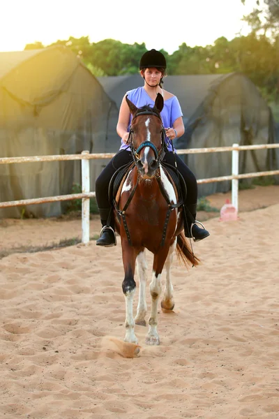 Een jong meisje krijgt een paardrijden les — Stockfoto