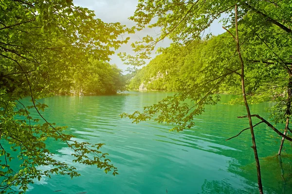 Lindo lago azul-turquesa no Parque Nacional de Plitvice, Croácia — Fotografia de Stock