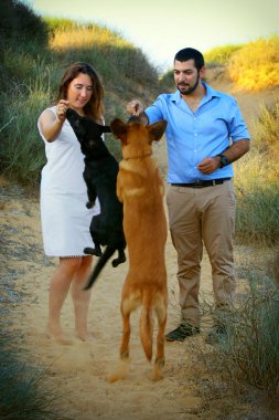 Genç bir çift onların iki köpek yürümek 